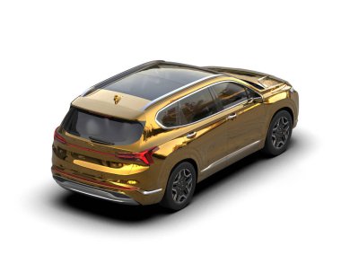 Beyaz arka planda, lüks altın bir arabanın üç boyutlu resmi.