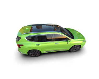 Beyaz arka planda fotokopi alanı olan modern yeşil aile arazi aracı. 3d oluşturma