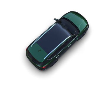 Beyaz stüdyoda izole edilmiş modern bir arabanın 3 boyutlu resmi.