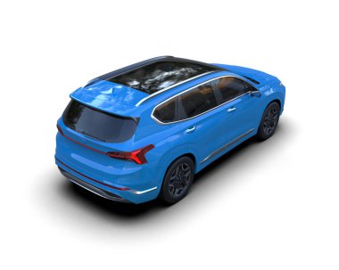 Beyaz arka planda yansımalı modern mavi araba.