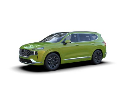 Yeşil SUV aracı beyaz yolda izole edildi. 3 Boyutlu Hazırlama