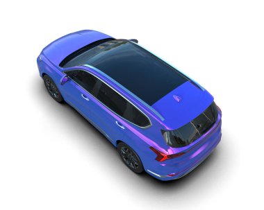 Beyaz arka planda mavi şehir arabası. Şehrin büyük bir kısmında 3D görüntüler var. Şehirdeki araba..