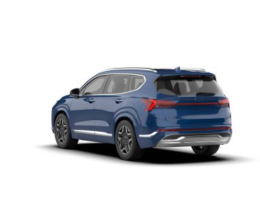 Beyaz arkaplanda 3 boyutlu mavi araba çizimi.