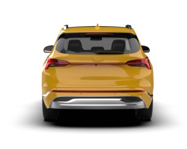 Beyaz arka planda sarı bir araba. Ön manzara. 3d oluşturma