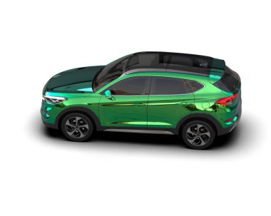 Arka planda yeşil şehir arabası var. 3D görüntüleme - illüstrasyon