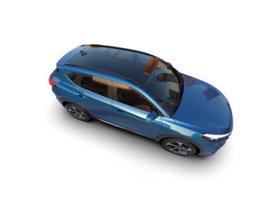 Mavi küçük aile arabası beyaz arka planda izole edilmiş..