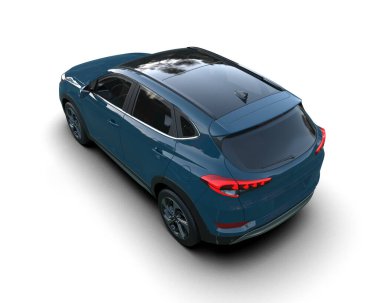 Mavi araba, beyaz arka planı olan modern aile cipi. 3 boyutlu.