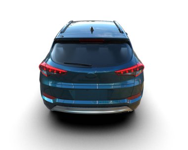 Beyaz arka planda bir araba, mavi bir arabanın arka görüntüsü.