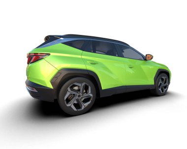 Yeşil cip arabası. şehir geçmişi. 3d illüstrasyon