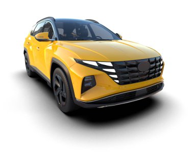 Beyaz arka planda sarı lüks bir araba. 3d oluşturma