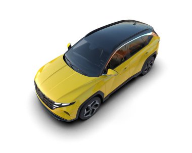 Beyaz arka planda sarı şehir arabası. Beyaz arka planda gri parlak bir arabanın dokusu. 3D görüntüleme.