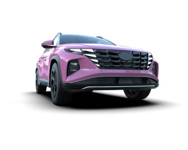 Modern kompakt araba beyaz arka planda izole edilmiş güzel bir vücudu var. Pembe renkli bir araba. 3d oluşturma.