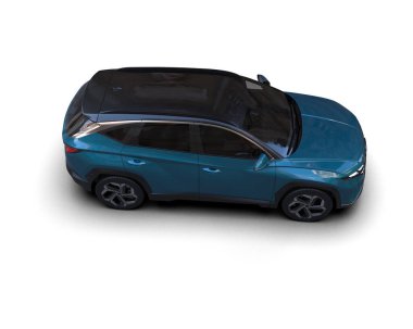 Mavi araba, kırpma yolu olan beyaz arka planda izole edilmiş ve tasarımın için gölge yok. 3d illüstrasyon