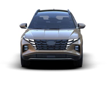 Beyaz arka planda modern bir araba. Arka planda şehir manzaralı yeni bir araba konsepti. 3d oluşturma