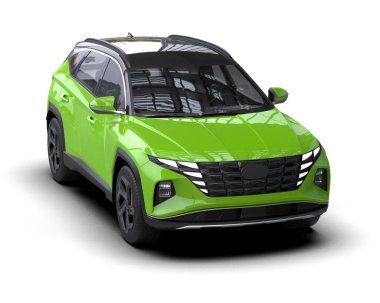 Beyaz arkaplanda izole edilmiş yeşil jenerik bir arabanın 3 boyutlu çizimi