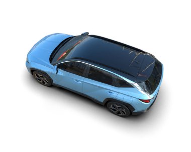 Beyaz arka planı olan mavi spor araba. Üst Manzara. Gri arka planda bir araba.