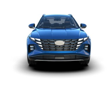 Modern şehir mavi arabası beyaz arka planda, 3 boyutlu.