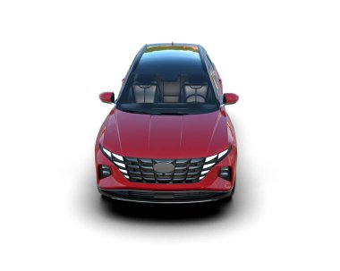 Arka planda modern kırmızı şehir elektrikli arabası. 3 Boyutlu Hazırlama