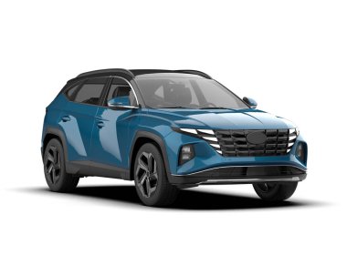 SUV aracı beyaz yolda izole edildi. 3d oluşturma