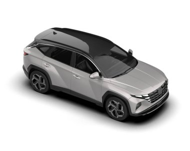 Beyaz arka planda koyu renk çatısı olan beyaz-siyah bir SUV 'un 3 boyutlu görüntülenmesi