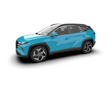 Beyaz arka planda modern mavi şehir arabası. 3d oluşturma