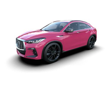 Beyaz arka planda pembe ekranlı modern bir araba. 3d oluşturma