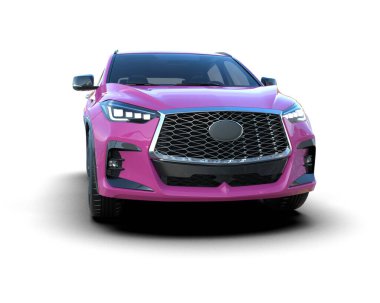 Beyaz arka planda pembe cip arabası. 3d oluşturma