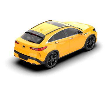 Bir bardak su ve güzel şehir manzaralı beyaz bir arka planda izole edilmiş lüks sarı bir araba. 3d oluşturma.