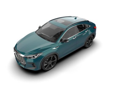 Gri arka planda mavi arka görüşlü gerçekçi bir araba. 3d oluşturma.