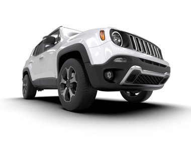 Beyaz arka planda gümüş renkli cip arabası. 3d oluşturma