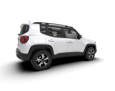 Beyaz arkaplanda beyaz kompakt SUv, 3 boyutlu görüntüleme,