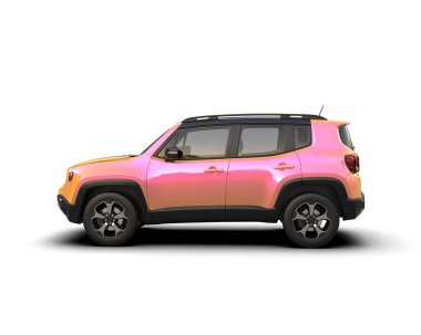 Pembe SUV arabası beyaz arka planda izole edilmiş. 3 boyutlu resimleme
