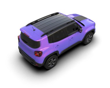 Üç boyutlu modern, daha az jenerik bir SUV aracı beyaz bir sırt çantasına izole edilmiş.