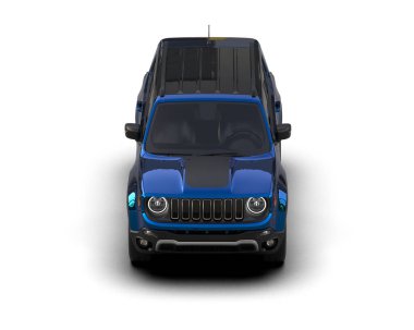 Beyaz arka planda mavi bir araba. 3d oluşturma