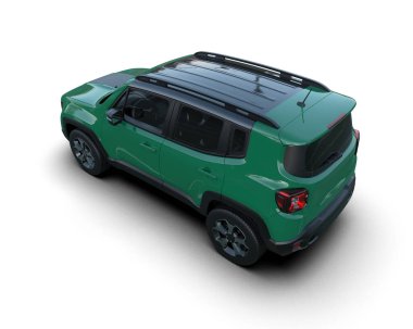 Bir markanın 3 boyutlu çizimi - daha az jenerik bir SUV arabası beyaz sırt çantasına.