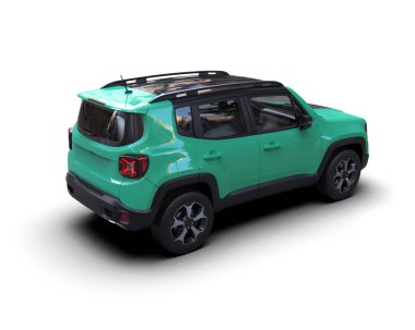 Büyük siyah jipli yeşil, küçük, modern bir araba. 3d oluşturma