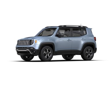 Beyaz arka planda mavi bir kamyonetin 3 boyutlu görüntüsü..