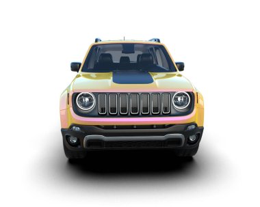 Gri arka planda gölgeli modern sarı cip. 3d oluşturma.