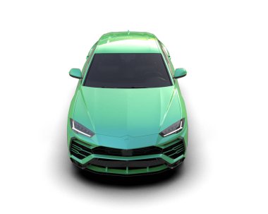 Beyaz arka planda yeşil, küçük bir araba. 3d oluşturma