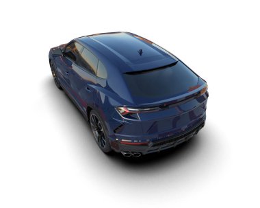 Beyaz arka planda izole edilmiş modern bir araba. Beyaz arka planda mavi bir stüdyo arabası var. 3d oluşturma