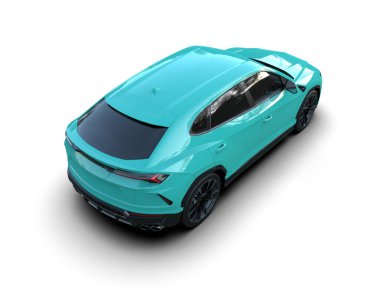 Beyaz arka planda yeşil lüks bir araba ve bir bardak su. 3d oluşturma