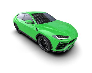 Beyaz arka planda izole edilmiş yeşil bir spor araba jenerik konseptinin 3 boyutlu yorumlanması