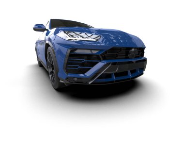 Beyaz arka planda modern lüks bir araba. Mavi ve beyaz gövdeli 3 boyutlu illüstrasyon.