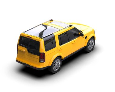 Beyaz arka planda sarı bir araba. 3d illüstrasyon