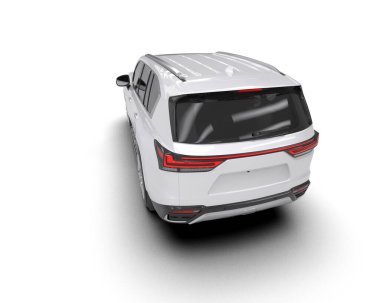 Beyaz arka planda beyaz bir araba, jenerik bir araba - arka manzara. 3d illüstrasyon