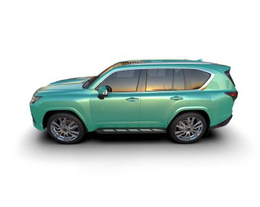 Yeşil SUV arka planda izole edildi. 3d oluşturma