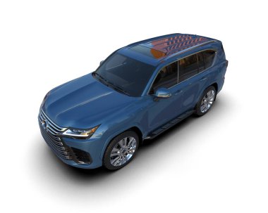 Modern lüks araba, mavi arka planda izole edilmiş. Şehir çevresi mavi gökyüzü ile siyah araba. Üç boyutlu resim.