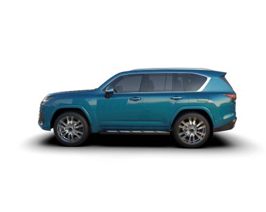 Beyaz arka planda uzun kuyruklu mavi lüks SUV