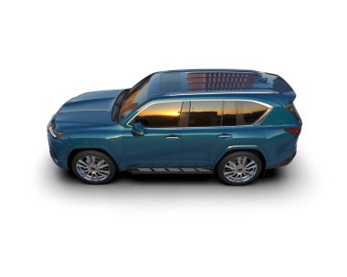 Beyaz arka planda siyah çatılı mavi bir cip. 3d oluşturma