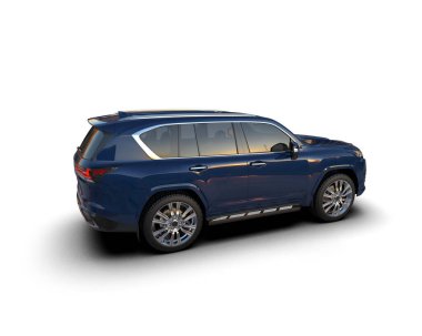 Güzel bir modern tasarımı olan mavi bir cip. 3d oluşturma